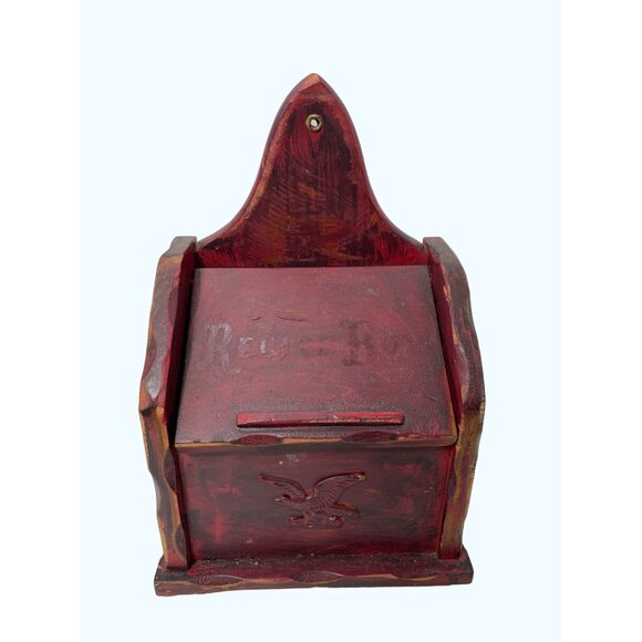 Vintage Wooden Recipe Organizer Eagle Design & Flip Lid Rustic Red - Picture 1 of 7